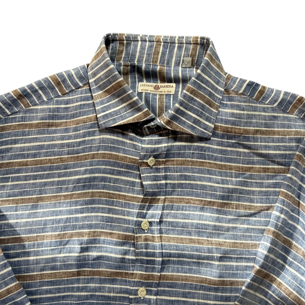 Luciano Barbera Button Down Shirt Mens XL Blue Brown Striped 100% Linen Italy